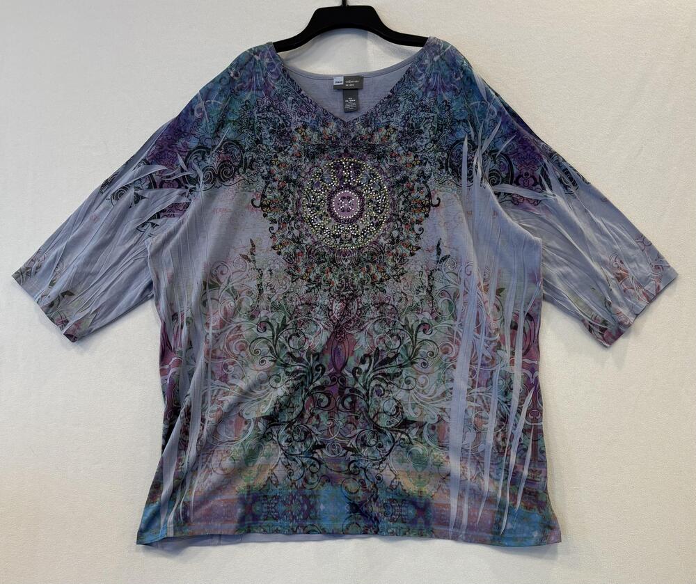 Liz & Me Shirt Womens 3X Multicolor Boho Rhinestone Short Sleeve T-Shirt Top